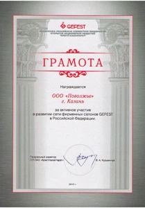 Грамота за вклад в развитие фирменных салонов GEFEST Казань